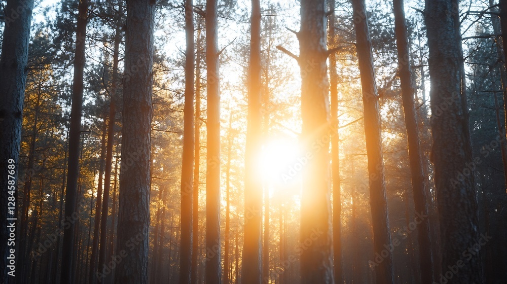 Aufkleber golden sunlight filtering through tall trees creating a magical atmosphere in a peaceful forest : ge