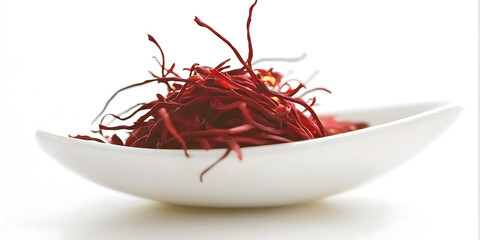 Fototapeta premium Saffron threads piled in a minimalist white bowl showcasing the spice's rich red color against a bright background.