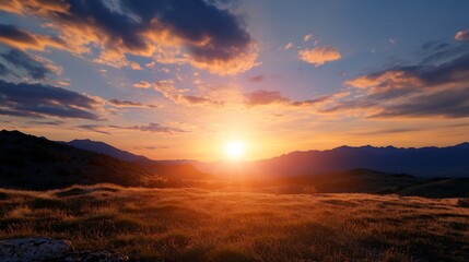 Stunning sunset over rolling hills with vibrant clouds and warm golden light : Generative AI