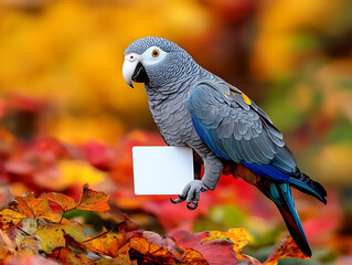 Obraz premium A grey parrot clutches a blank card against a vivid backdrop of colorful autumn leaves creating a striking contrast.