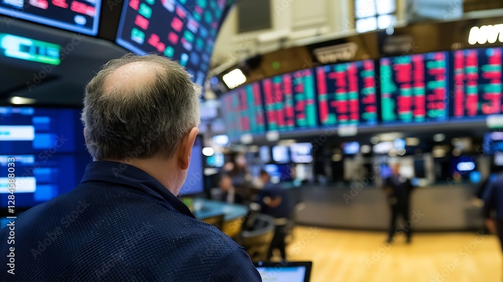 Aufkleber busy stock market trading floor showing financial information on large screens with traders and char