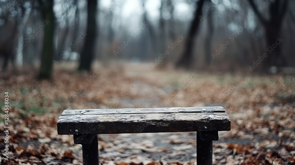 Poster serene wooden bench on a quiet path surrounded by autumn leaves in a tranquil forest : generative ai
