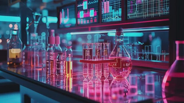 Lab Chemistry: Inside a high-tech laboratory, rows of glass beakers, vials, and flasks are filled with colorful liquids, while glowing screens display complex scientific data. 