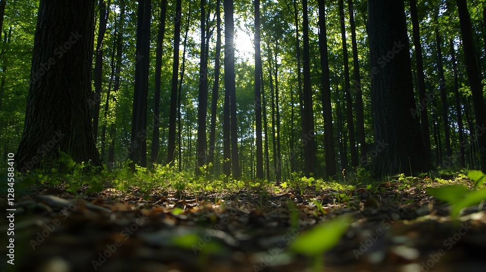 Poster Sunlight filtering through lush green trees in a peaceful forest setting during summer : Generative AI