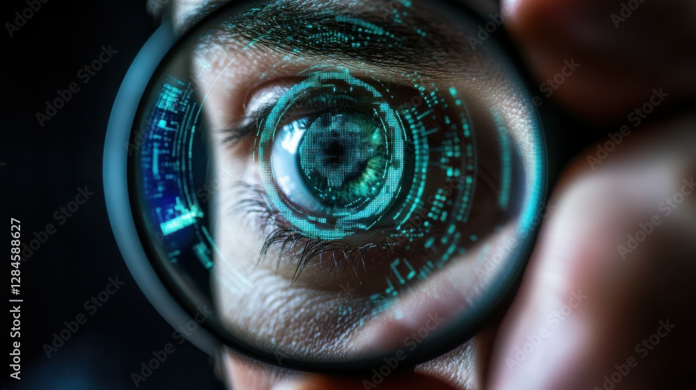 Poster close-up of eye with futuristic digital interface display through magnifying glass