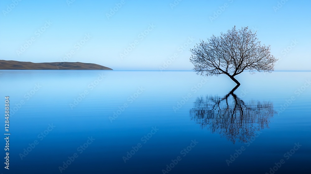 Poster lonely tree with stunning reflection on glassy water surface under clear blue sky at serene landscap