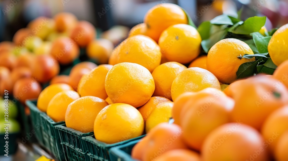 Poster fresh and juicy oranges displayed in baskets at a colorful market : generative ai
