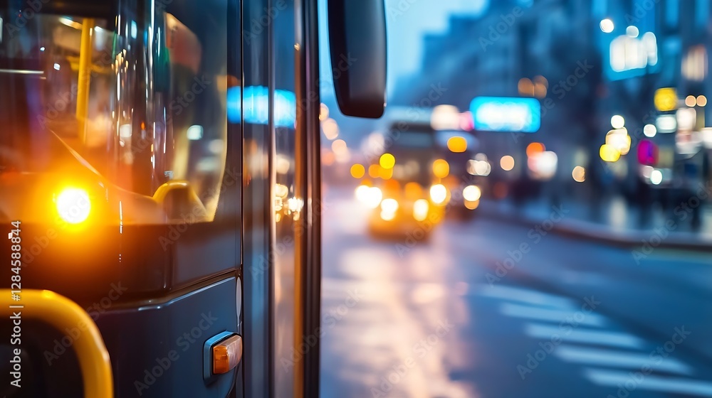 Poster Night view of an urban street with colorful lights and a yellow bus in motion creating a dynamic city atmosphere : Generative AI