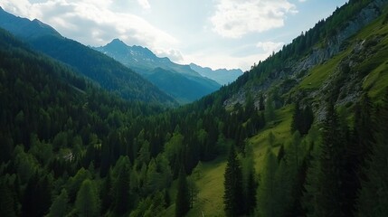 Fototapeta premium Breathtaking aerial view of lush green mountains under a sunny sky with scattered clouds : Generative AI