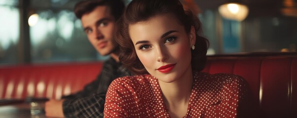 Young couple in retro diner with vintage decor and red booths