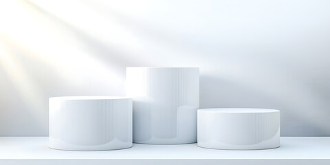 Three white cylindrical podiums stand against a white backdrop bathed in soft diffused light with subtle shadows.