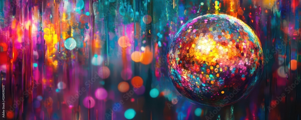 Poster vibrant multicolored glittering sphere with bokeh effects on abstract background