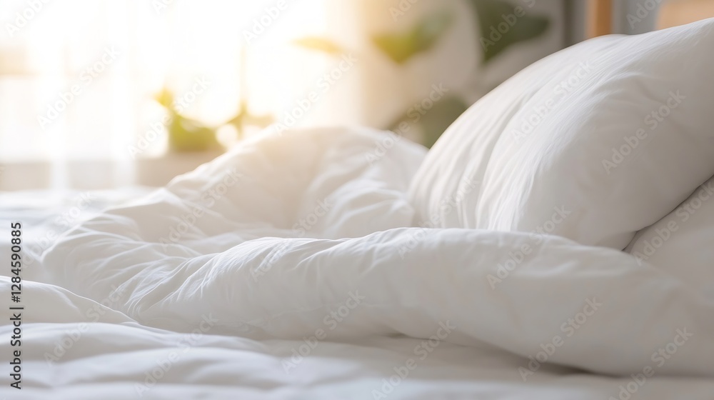 Poster Cozy bedroom scene with soft bedding and gentle sunlight creating a warm inviting atmosphere : Generative AI