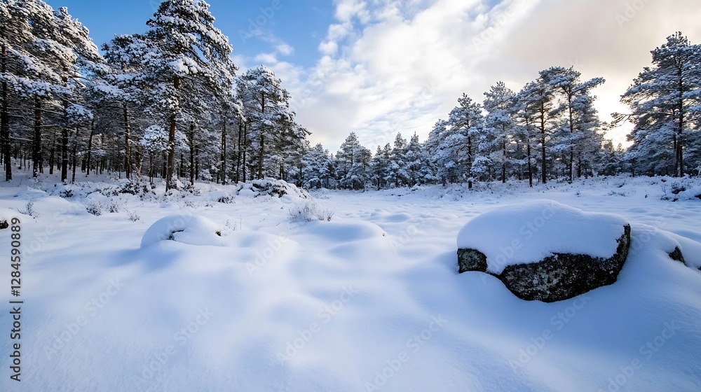 Poster beautiful winter landscape with snowcovered ground and tall trees under a cloudy sky : generative ai