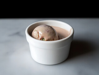Melting scoop of ice cream partially submerged in melted liquid presented in a small white ceramic bowl on a marble surface.