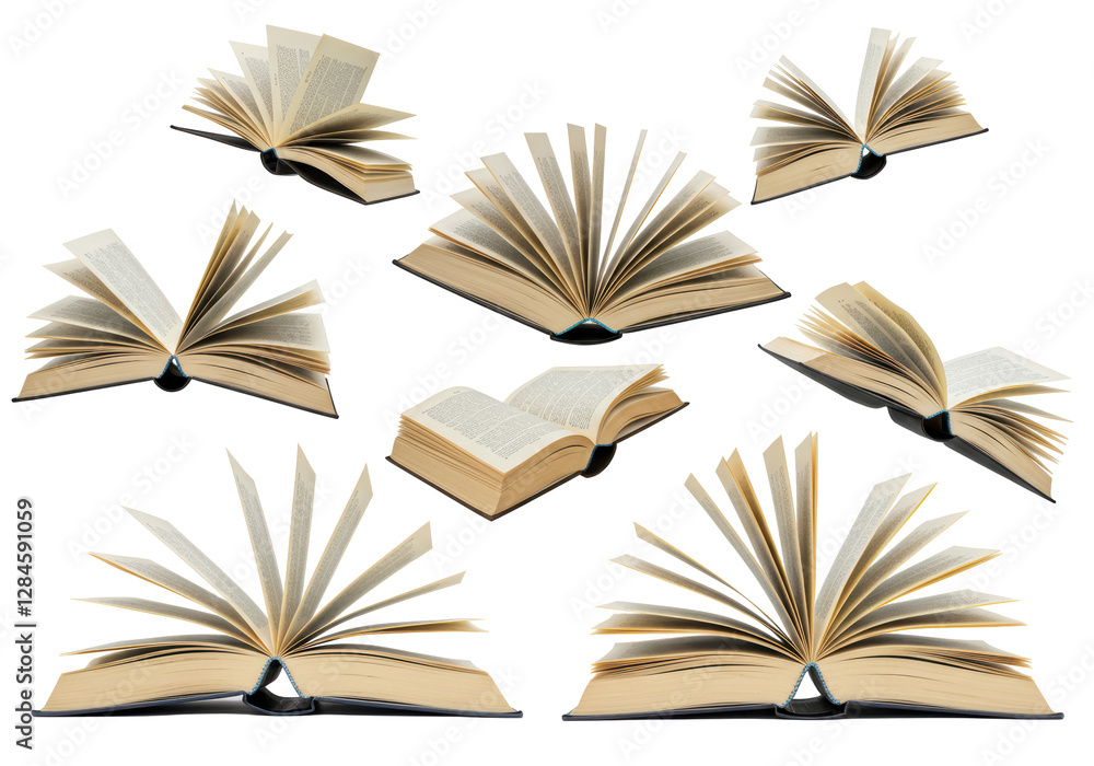 Poster isolated stack of open books with turning pages in various angles