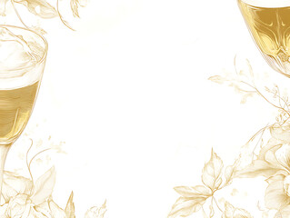 Golden wine glasses and floral decorations create an elegant festive frame on a white background.