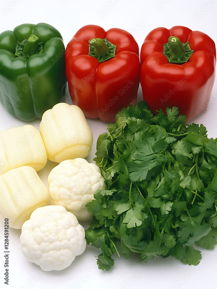 Sticker Colorful array of fresh bell peppers (green red and white) cauliflower florets and vibrant cilantro sprigs on a white surface.