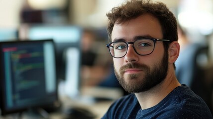 This portrait captures a young male software developer in a modern office setting, showcasing concentration and professionalism while working on his computer.