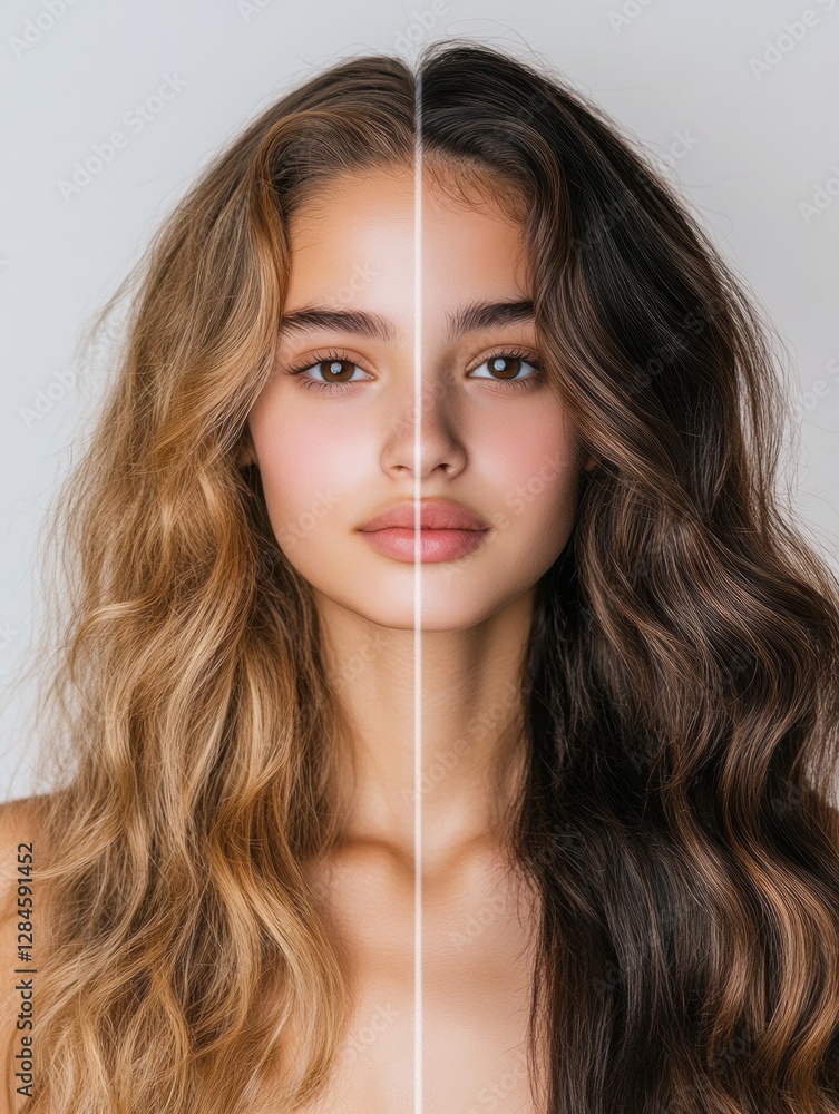 Poster transformation of hair styling with contrasting looks showcasing a stylish and unkempt appearance. g