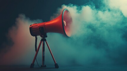 Red megaphone with smoke, dramatic lighting, announcement