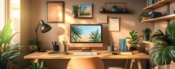 Bright home office setup with a large monitor wooden desk various plants and natural light.