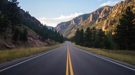 Naklejka premium Scenic highway leading through mountainous landscape with lush trees and open skies : Generative AI