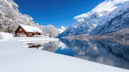 Snowy chalet by tranquil mountain lake