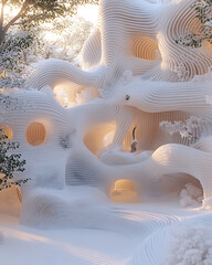 Obraz premium Abstract snow-covered architectural form with layered flowing design softly lit by warm light amidst a wintery forest setting.