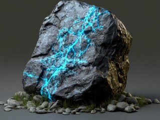 Mystical black stone base pulsating with vibrant blue energy offers a glimpse into an otherworldly power, blending ancient ruggedness with modern enchantment