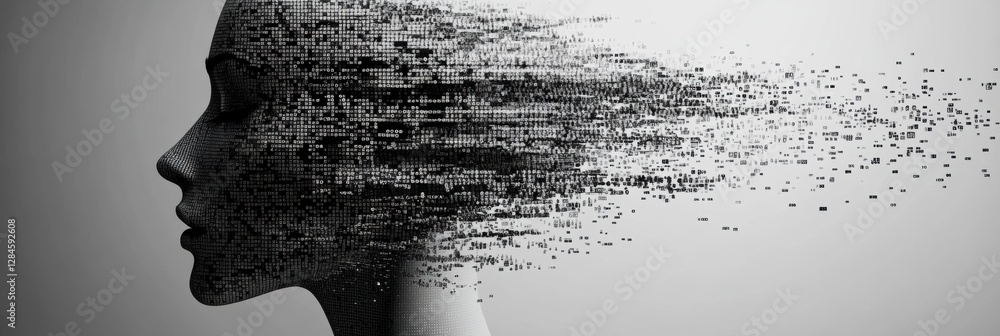 Aufkleber Futuristic AI concept showing a human face dissolving into binary code and data flow. Generative AI