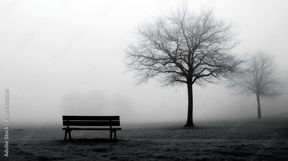 Aufkleber Misty park atmosphere with empty bench under bare trees creating a moody winter setting : Generative AI