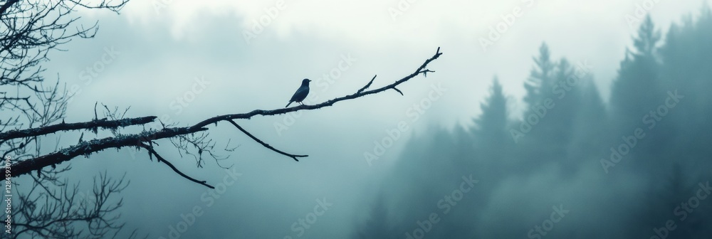 Aufkleber lonely bird resting on a dead tree branch in a misty forest at dawn capturing a moment of solitude a