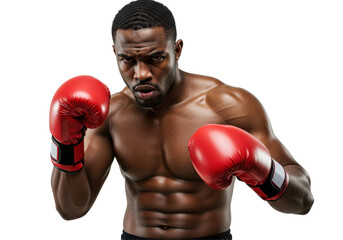 Isolated Powerful Afro-American Boxer with Intense Gaze in Red Gloves