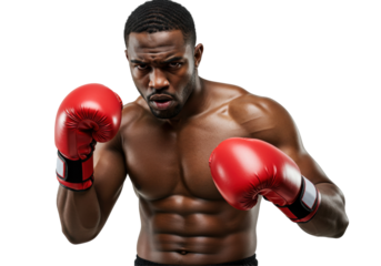 Isolated Powerful Afro-American Boxer with Intense Gaze in Red Gloves