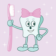 tooth girl with bow holding pink toothbrush, tooth character in groovy style, tooth mascot
