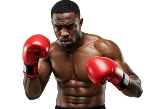 Isolated Powerful Afro-American Boxer with Intense Gaze in Red Gloves