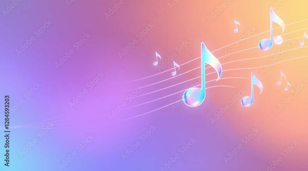 Poster musical notes float across a gradient background, creating a vibrant and dreamy atmosphere.