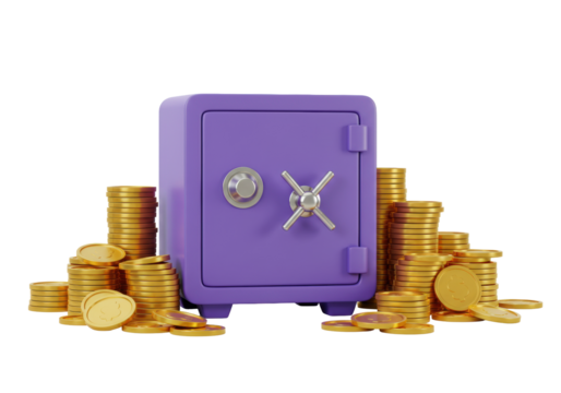 Isolated Lavender Safe Surrounded by Stacks of Gold Coins