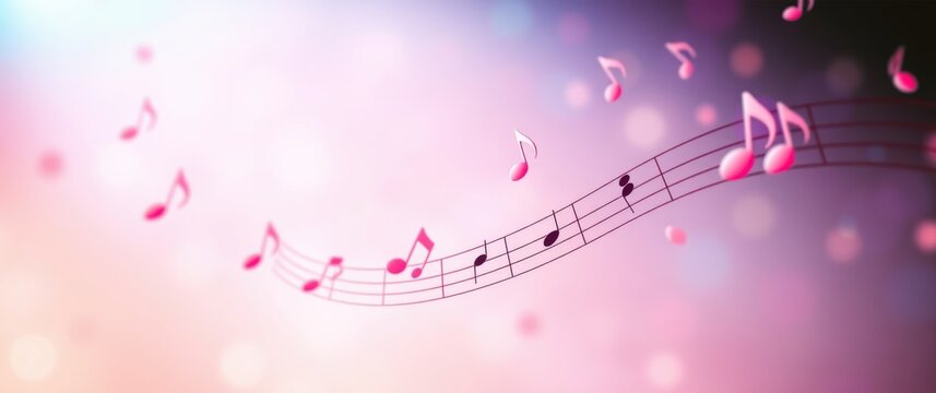 Floating music notes on a colorful backdrop create a whimsical and ethereal sense of rhythm and harmony.