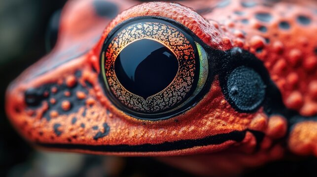 Red frog with large dark eyes, close up in nature setting.