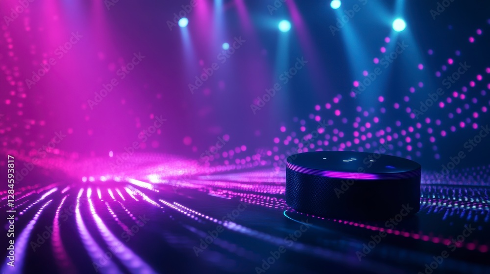 Poster futuristic stage with glowing podium. abstract lighting and digital design. possible use for technol