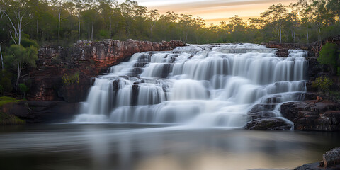 Layered waterfall cascading over rocky ledges into a calm pool framed by trees at dusk.