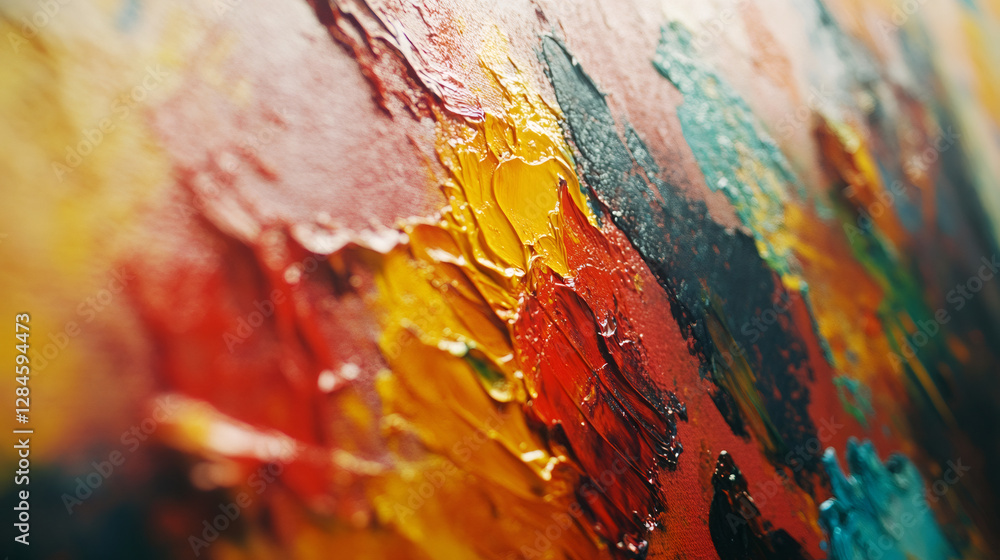 Poster close-up view of vibrant oil painting with thick impasto brushstrokes, creating dynamic texture and 