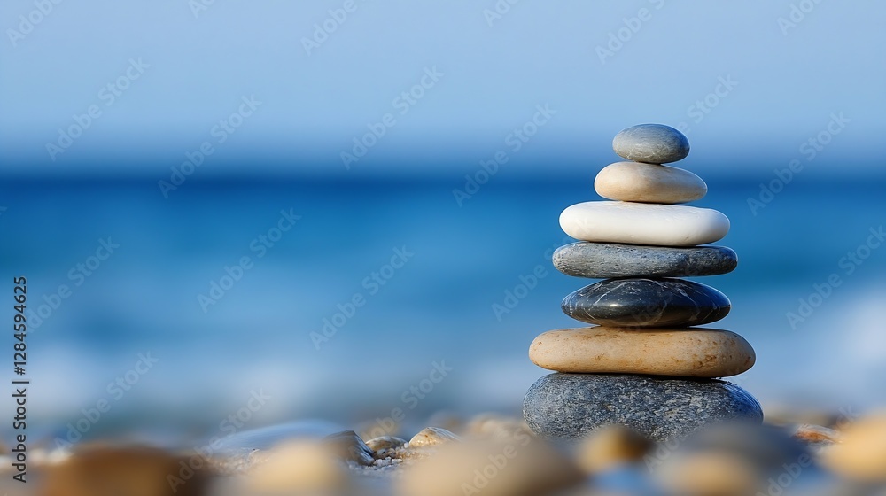 Aufkleber calm beach scene with stacked stones creating a serene atmosphere near ocean waves : generative ai