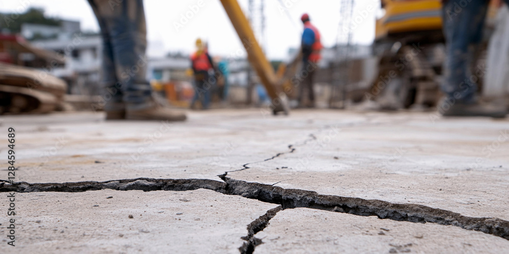 Poster close-up view of a significant crack in concrete flooring. generative ai