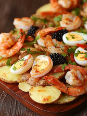 Gourmet salad featuring roasted potatoes shrimp halved quail eggs blackberries and fresh parsley presented on a rustic wooden board.