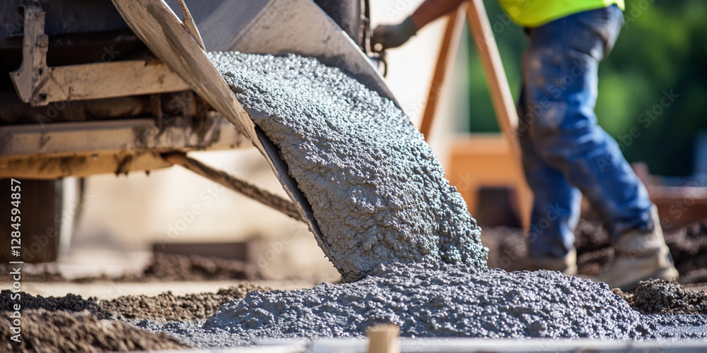 Poster pouring concrete on a construction site during daylight. generative ai