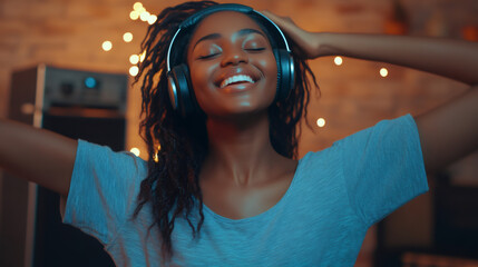 Young woman with dreadlocks wearing headphones, enjoying music with closed eyes and a big smile in a recording studio