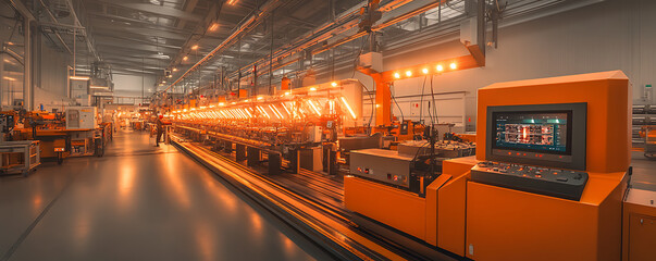 Automated machinery glows warmly in a vast modern factory setting under the watchful eye of a human worker.